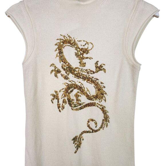 IISLI Sweater Womens Medium Winter White Dragon Sequin Sleeveless Cashmere Top - Picture 3 of 12